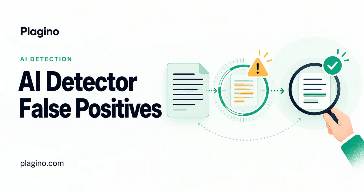 Plagino cover: AI detector false positives, with a human-written document moving from an automated warning to a human review.