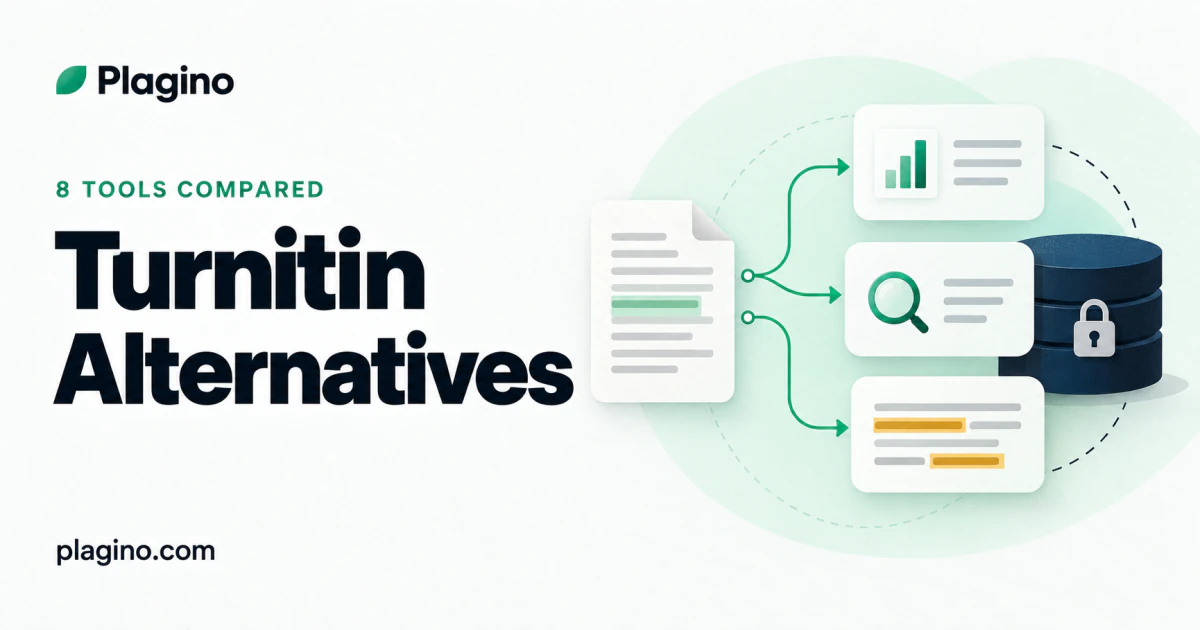 Plagino cover: Turnitin alternatives, illustrated with a branching tool-choice diagram and documents checked against sources.