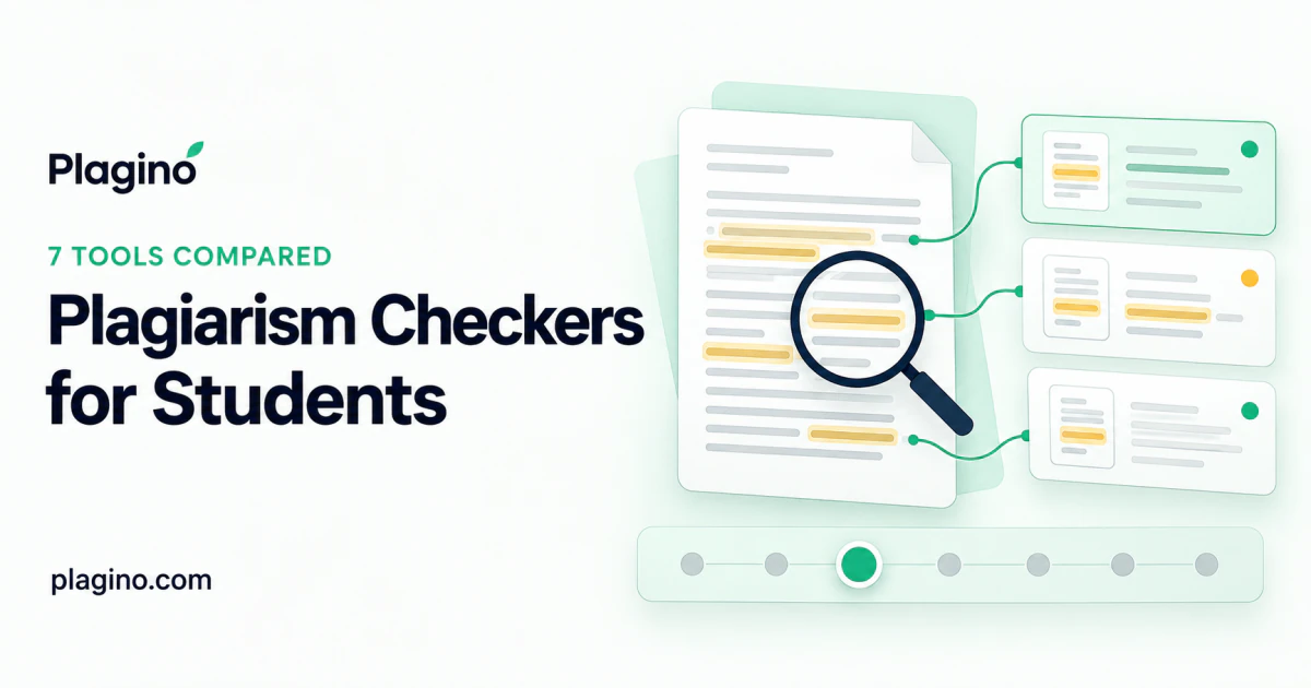 Plagino cover: plagiarism checkers for students, illustrated with source-matching reports, a magnifier, and comparison cards.