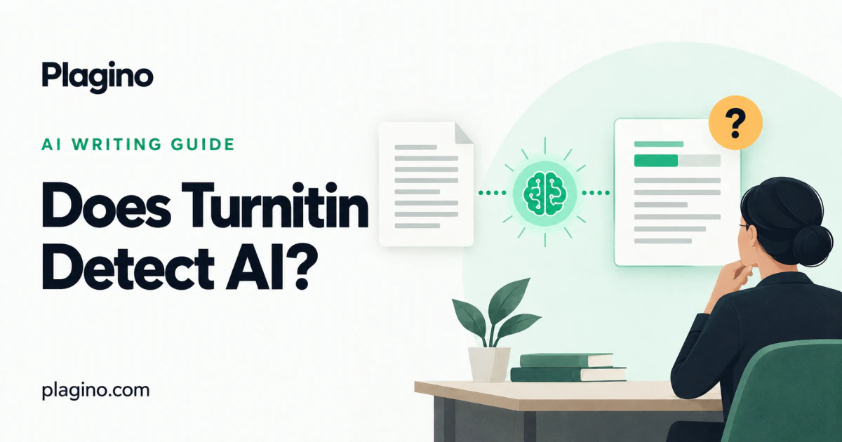 Plagino cover: does Turnitin detect AI, illustrated with a paper, AI scan indicator, and an instructor reviewing a report.