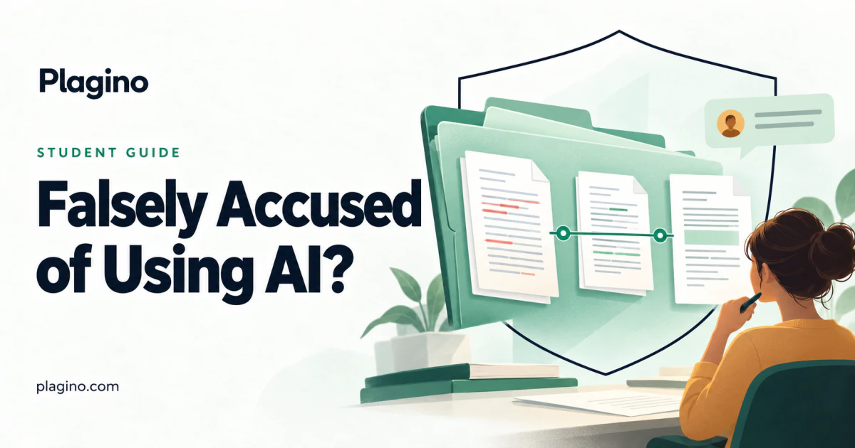Plagino cover: falsely accused of using AI, with an evidence folder, a draft-version timeline, and a human-review conversation.