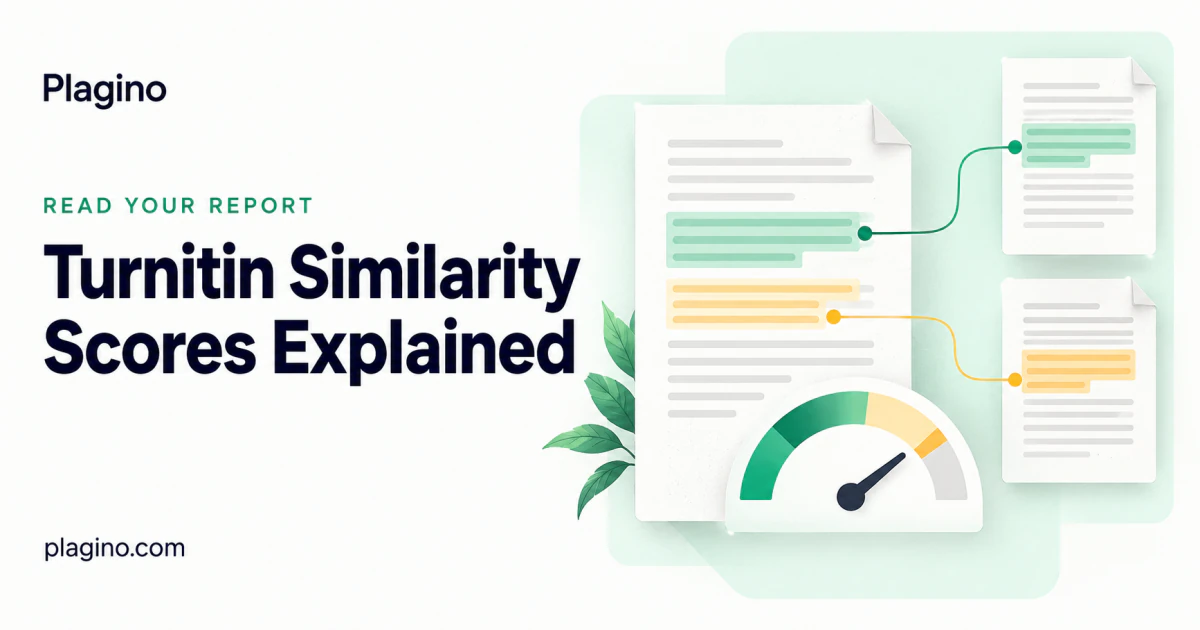 Plagino cover: Turnitin similarity scores explained, with highlighted passages connected to source documents and a neutral score dial.