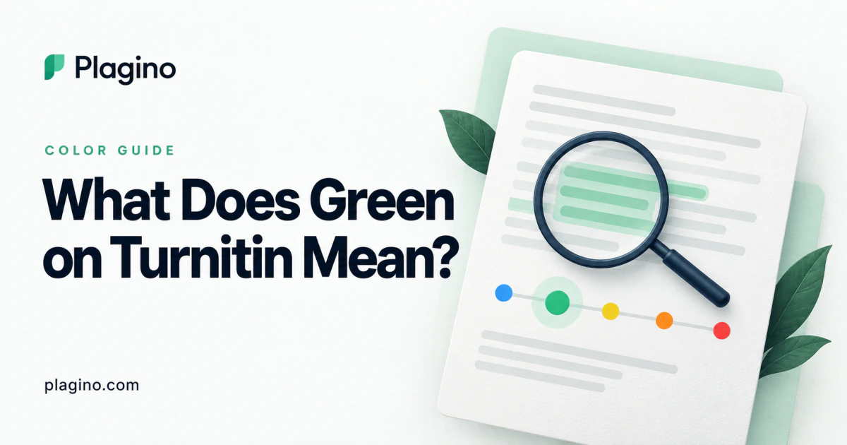 Plagino cover: what green on Turnitin means, illustrated with five similarity-color indicators and a report magnifier.